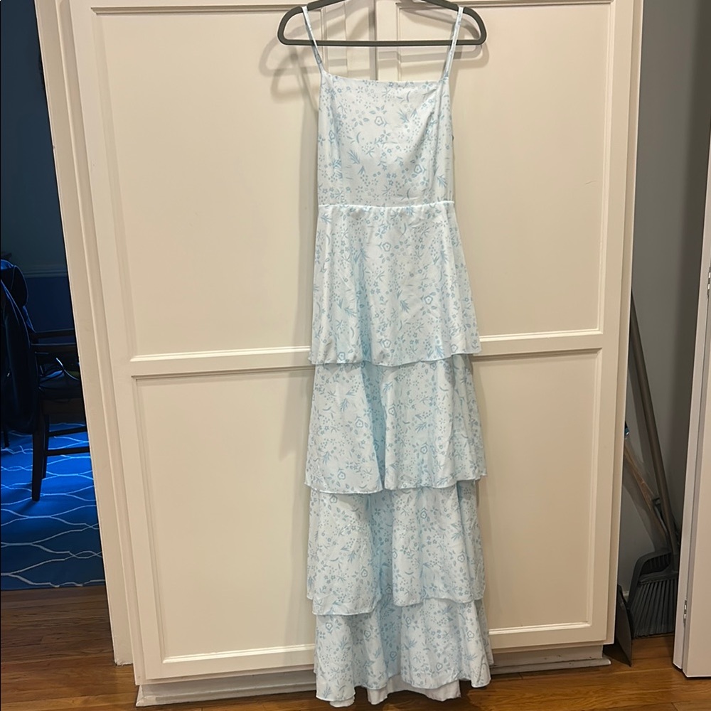 Elegant Light Blue Floral Tiered Dress